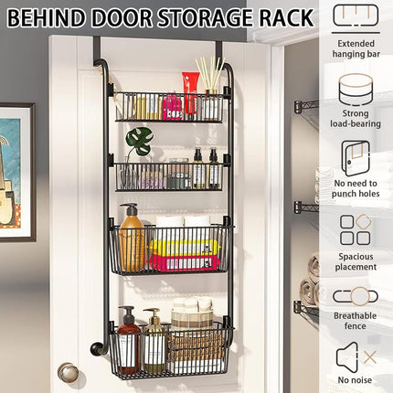CARLA HOME 4-Tier Over the Door Organizer Heavy-Duty Metal Pantry Rack with Hanging Baskets for Home Kitchen Storage & Bathroom Door Organization.