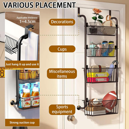 CARLA HOME 4-Tier Over the Door Organizer Heavy-Duty Metal Pantry Rack with Hanging Baskets for Home Kitchen Storage & Bathroom Door Organization.