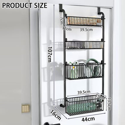 CARLA HOME 4-Tier Over the Door Organizer Heavy-Duty Metal Pantry Rack with Hanging Baskets for Home Kitchen Storage & Bathroom Door Organization.