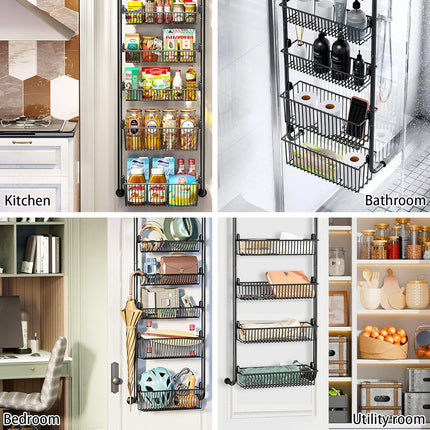 CARLA HOME 4-Tier Over the Door Organizer Heavy-Duty Metal Pantry Rack with Hanging Baskets for Home Kitchen Storage & Bathroom Door Organization.