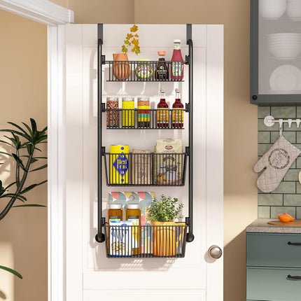 CARLA HOME 4-Tier Over the Door Organizer Heavy-Duty Metal Pantry Rack with Hanging Baskets for Home Kitchen Storage & Bathroom Door Organization.