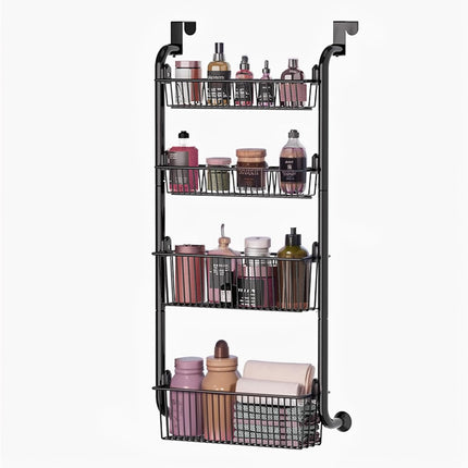 CARLA HOME 4-Tier Over the Door Organizer Heavy-Duty Metal Pantry Rack with Hanging Baskets for Home Kitchen Storage & Bathroom Door Organization.