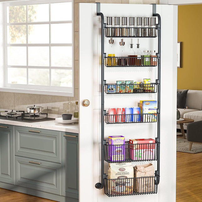 CARLA HOME 6-Tier Over the Door Organizer Heavy-Duty Metal Pantry Rack with Hanging Baskets for Home Kitchen Storage & Bathroom Door Organization (Black).