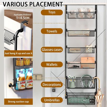 CARLA HOME 6-Tier Over the Door Organizer Heavy-Duty Metal Pantry Rack with Hanging Baskets for Home Kitchen Storage & Bathroom Door Organization (Black).