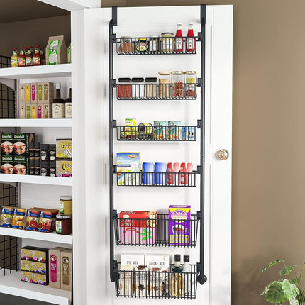 CARLA HOME 6-Tier Over the Door Organizer Heavy-Duty Metal Pantry Rack with Hanging Baskets for Home Kitchen Storage & Bathroom Door Organization (Black).
