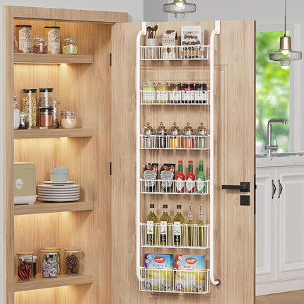 CARLA HOME 6-Tier Over the Door Organizer Heavy-Duty Metal Pantry Rack with Hanging Baskets for Home Kitchen Storage & Bathroom Door Organization (White).