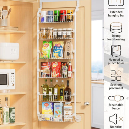 CARLA HOME 6-Tier Over the Door Organizer Heavy-Duty Metal Pantry Rack with Hanging Baskets for Home Kitchen Storage & Bathroom Door Organization (White).