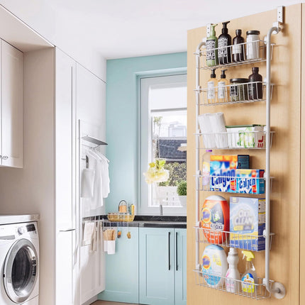 CARLA HOME 6-Tier Over the Door Organizer Heavy-Duty Metal Pantry Rack with Hanging Baskets for Home Kitchen Storage & Bathroom Door Organization (White).