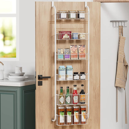 CARLA HOME 6-Tier Over the Door Organizer Heavy-Duty Metal Pantry Rack with Hanging Baskets for Home Kitchen Storage & Bathroom Door Organization (White).
