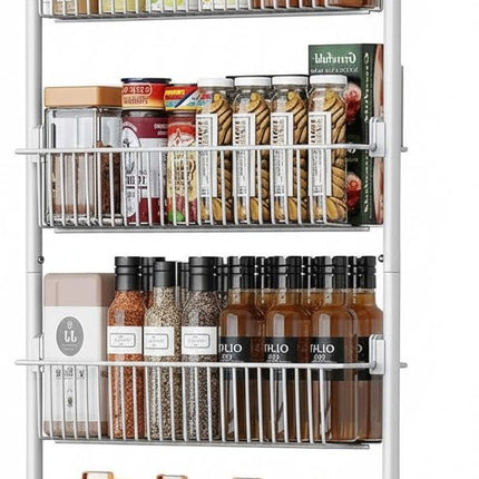 CARLA HOME 6-Tier Over the Door Organizer Heavy-Duty Metal Pantry Rack with Hanging Baskets for Home Kitchen Storage & Bathroom Door Organization (White).