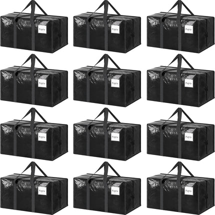 CARLA HOME 12-Pack Large Moving Storage Bags with Zippers & Handles with 95 Liters Capacity for Space Saving, Travel, Camping & Organization (Black).