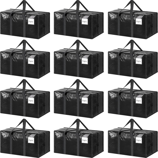 CARLA HOME 12-Pack Large Moving Storage Bags with Zippers & Handles with 95 Liters Capacity for Space Saving, Travel, Camping & Organization (Black).