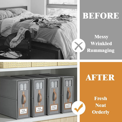 CARLA HOME Bed Sheet Organizer Set of 8 with Handle & Window for Covers, Pillowcases, Blankets, Clothes & Sheets (Grey).