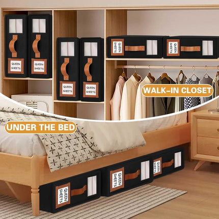 CARLA HOME Bed Sheet Organizer Set of 8 with Handle & Window for Covers, Pillowcases, Blankets, Clothes & Sheets (Black).