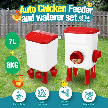 CARLA HOME Automatic Chicken Feeder Waterer Set with 8KG Food 7L Water Capacity for Coop, Chickens, Ducks, Quails (Red).