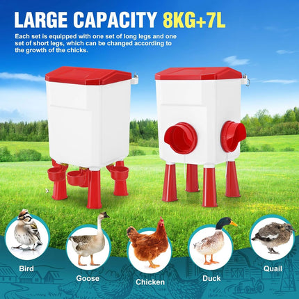 CARLA HOME Automatic Chicken Feeder Waterer Set with 8KG Food 7L Water Capacity for Coop, Chickens, Ducks, Quails (Red).