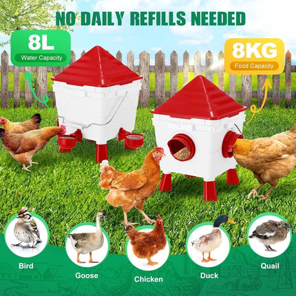 CARLA HOME Chicken Feeder Waterer Set, Automatic Gravity Dispenser with 8KG Food & 8L Water Capacity, 4 Ports & Cups, Clean Poultry Feeding for Coop, Duck, Quail, Hen.