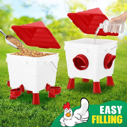 CARLA HOME Chicken Feeder Waterer Set, Automatic Gravity Dispenser with 8KG Food & 8L Water Capacity, 4 Ports & Cups, Clean Poultry Feeding for Coop, Duck, Quail, Hen.