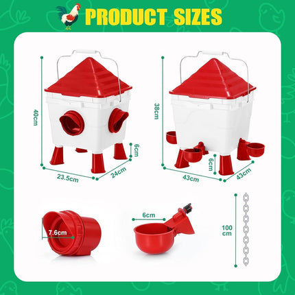 CARLA HOME Chicken Feeder Waterer Set, Automatic Gravity Dispenser with 8KG Food & 8L Water Capacity, 4 Ports & Cups, Clean Poultry Feeding for Coop, Duck, Quail, Hen.