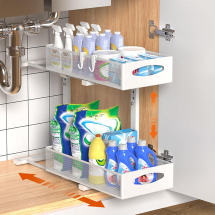 CARLA HOME 2 Tier Under Sink Organizer Pull Out Sliding Cabinet Storage Shelf with Height Adjustable for Kitchen, Bathroom or Laundry Room (White).