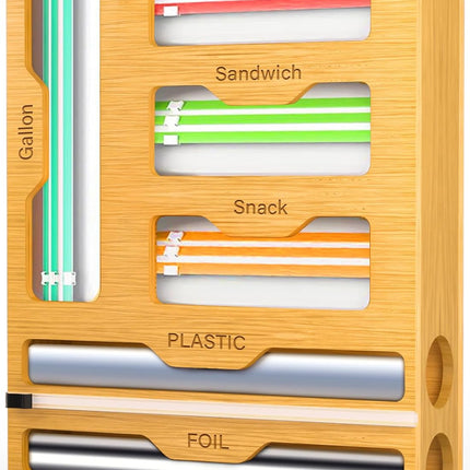 CARLA HOME 6-in-1 Bamboo Kitchen Drawer Organizer with Ziplock Bag Storage, Wrap Dispenser, Cutter for Gallon, Quart, Sandwich, Snack, Foil & Plastic Wrap.