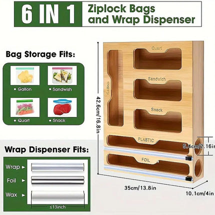 CARLA HOME 6-in-1 Bamboo Kitchen Drawer Organizer with Ziplock Bag Storage, Wrap Dispenser, Cutter for Gallon, Quart, Sandwich, Snack, Foil & Plastic Wrap.