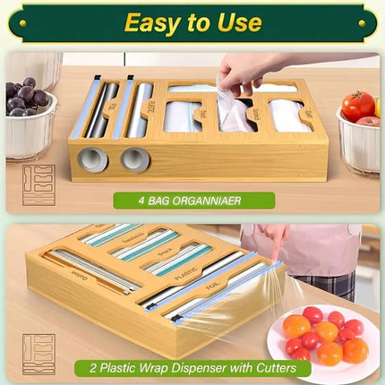 CARLA HOME 6-in-1 Bamboo Kitchen Drawer Organizer with Ziplock Bag Storage, Wrap Dispenser, Cutter for Gallon, Quart, Sandwich, Snack, Foil & Plastic Wrap.