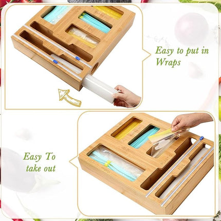 CARLA HOME 6-in-1 Bamboo Kitchen Drawer Organizer with Ziplock Bag Storage, Wrap Dispenser, Cutter for Gallon, Quart, Sandwich, Snack, Foil & Plastic Wrap.