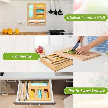 CARLA HOME 6-in-1 Bamboo Kitchen Drawer Organizer with Ziplock Bag Storage, Wrap Dispenser, Cutter for Gallon, Quart, Sandwich, Snack, Foil & Plastic Wrap.