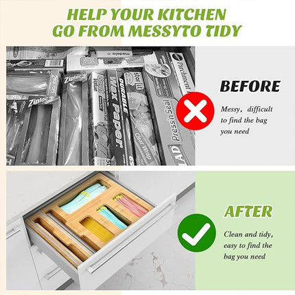 CARLA HOME 6-in-1 Bamboo Kitchen Drawer Organizer with Ziplock Bag Storage, Wrap Dispenser, Cutter for Gallon, Quart, Sandwich, Snack, Foil & Plastic Wrap.