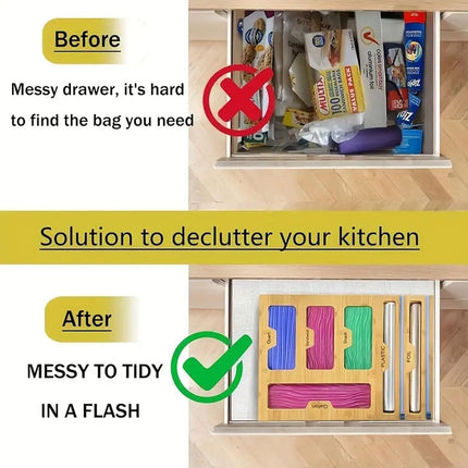 CARLA HOME 6-in-1 Bamboo Kitchen Drawer Organizer with Ziplock Bag Storage, Wrap Dispenser, Cutter for Gallon, Quart, Sandwich, Snack, Foil & Plastic Wrap.