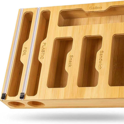 CARLA HOME 6-in-1 Bamboo Kitchen Drawer Organizer with Ziplock Bag Storage, Wrap Dispenser, Cutter for Gallon, Quart, Sandwich, Snack, Foil & Plastic Wrap.