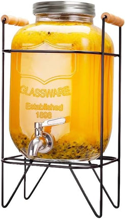 CARLA HOME 5L Glass Drink Dispenser with Metal Stand, Wide Mouth Beverage Jar & Stainless Steel Tap for Lemonade, Iced Tea, Water & Fruit-Infused Drinks.