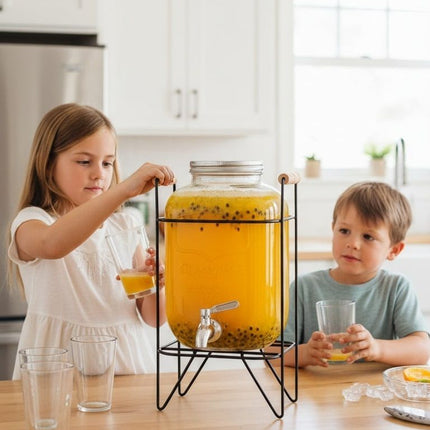 CARLA HOME 5L Glass Drink Dispenser with Metal Stand, Wide Mouth Beverage Jar & Stainless Steel Tap for Lemonade, Iced Tea, Water & Fruit-Infused Drinks.