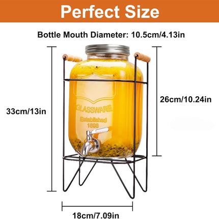 CARLA HOME 5L Glass Drink Dispenser with Metal Stand, Wide Mouth Beverage Jar & Stainless Steel Tap for Lemonade, Iced Tea, Water & Fruit-Infused Drinks.