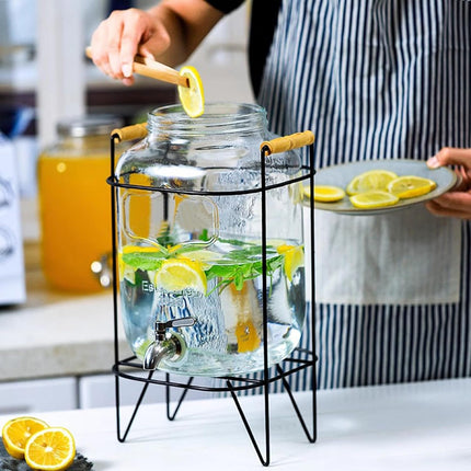 CARLA HOME 5L Glass Drink Dispenser with Metal Stand, Wide Mouth Beverage Jar & Stainless Steel Tap for Lemonade, Iced Tea, Water & Fruit-Infused Drinks.