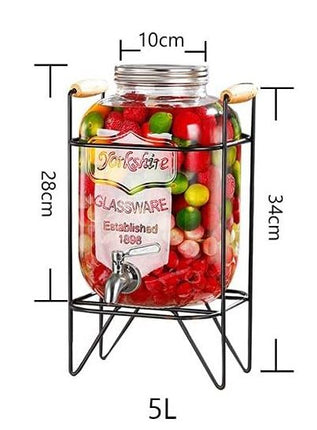 CARLA HOME 5L Glass Drink Dispenser with Metal Stand, Wide Mouth Beverage Jar & Stainless Steel Tap for Lemonade, Iced Tea, Water & Fruit-Infused Drinks.
