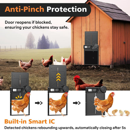 CARLA HOME Solar Automatic Chicken Coop Door with Timer, Light Sensor, Remote Control, Anti-Pinch, LED Screen & USB Charging.