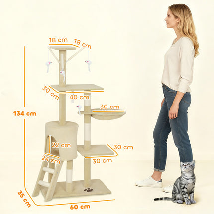 CARLA HOME 134cm Cat Tree for Indoor Cats with Hammock, Plush Perch & Sisal Scratching Posts for Kittens & Adult Cats (Beige).