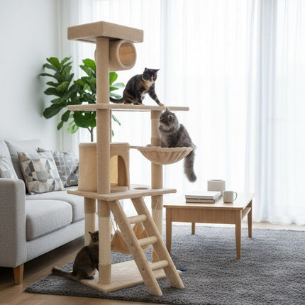 CARLA HOME 141cm Cat Tree Tower for Indoor Cats with Plush Perch, Ladder, Sisal Scratching Posts, Hammock & Condo for Kittens & Adult Cats (Beige).