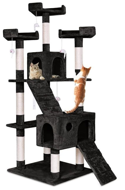 CARLA HOME 180cm Cat Tree Tower for Indoor Cats with Dual Condos, Plush Perches, Sisal Scratching Posts & Ramps for Kittens & Adult Cats (Black).