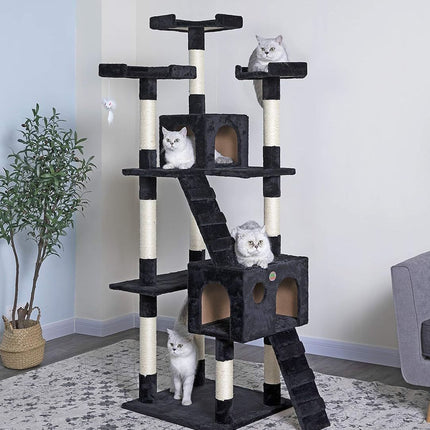 CARLA HOME 180cm Cat Tree Tower for Indoor Cats with Dual Condos, Plush Perches, Sisal Scratching Posts & Ramps for Kittens & Adult Cats (Black).