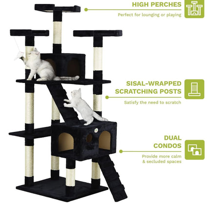 CARLA HOME 180cm Cat Tree Tower for Indoor Cats with Dual Condos, Plush Perches, Sisal Scratching Posts & Ramps for Kittens & Adult Cats (Black).