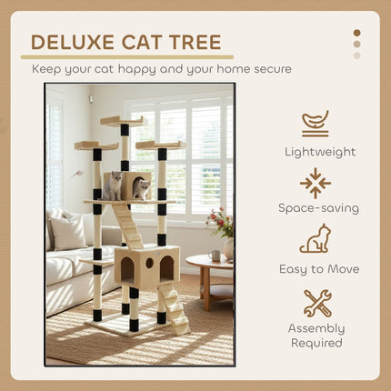 CARLA HOME 180cm Cat Tree Tower for Indoor Cats with Dual Condos, Plush Perches, Sisal Scratching Posts & Ramps for Kittens & Adult Cats (Beige).