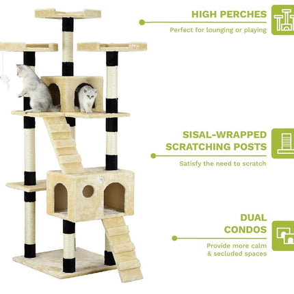 CARLA HOME 180cm Cat Tree Tower for Indoor Cats with Dual Condos, Plush Perches, Sisal Scratching Posts & Ramps for Kittens & Adult Cats (Beige).