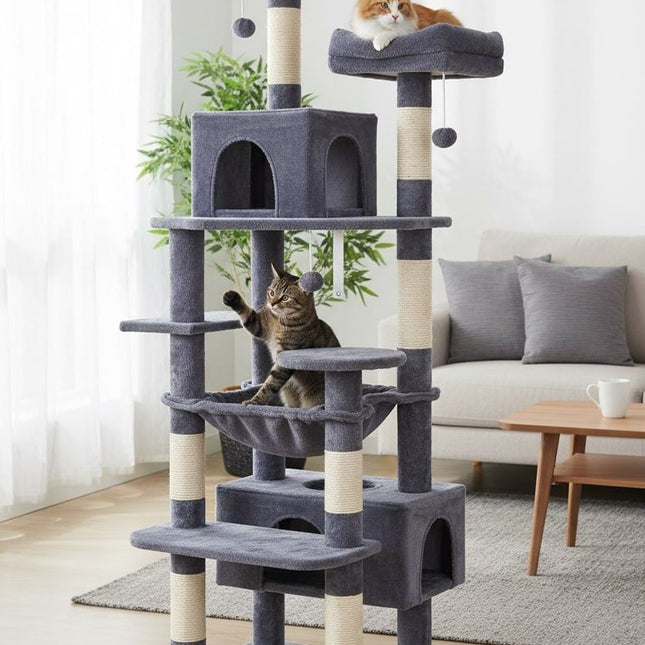 CARLA HOME 180cm Cat Tree Tower for Indoor Cats with Plush Perches, Dual Condos, Natural Sisal Scratching Posts & Ramps for Kittens & Adult Cats (Grey).