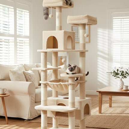 CARLA HOME 180cm Cat Tree Tower for Indoor Cats with Plush Perches, Dual Condos, Natural Sisal Scratching Posts & Ramps for Kittens & Adult Cats (Beige).