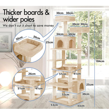 CARLA HOME 180cm Cat Tree Tower for Indoor Cats with Plush Perches, Dual Condos, Natural Sisal Scratching Posts & Ramps for Kittens & Adult Cats (Beige).