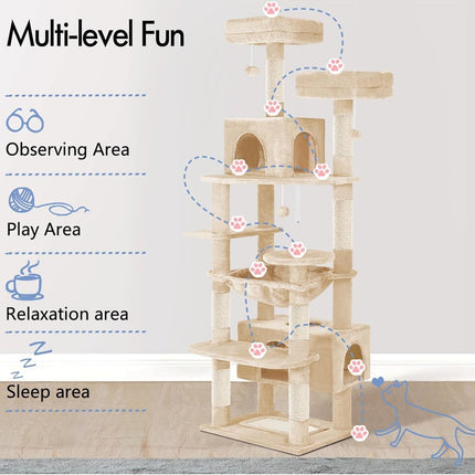 CARLA HOME 180cm Cat Tree Tower for Indoor Cats with Plush Perches, Dual Condos, Natural Sisal Scratching Posts & Ramps for Kittens & Adult Cats (Beige).