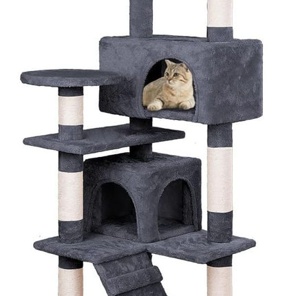 CARLA HOME 134cm Cat Tree Tower for Indoor Cats with Plush Perches, Dual Condos, Natural Sisal Scratching Posts & Ramp for Kittens & Adult Cats (Dark Grey).